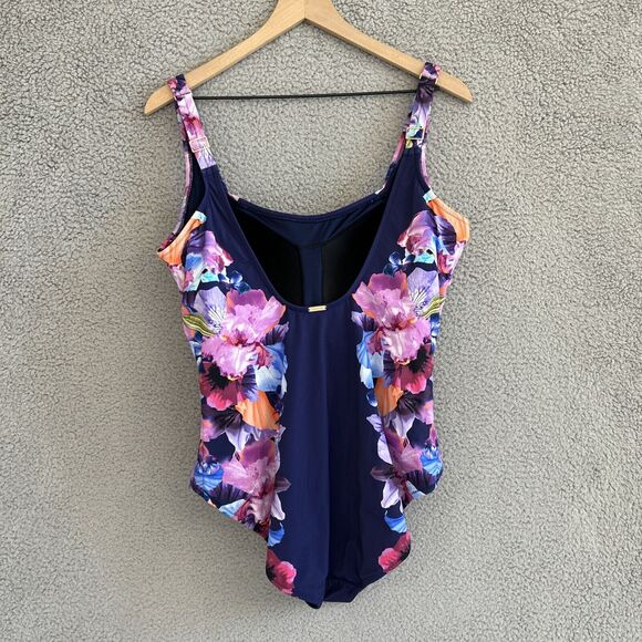 Lands End Swimsuit 12 Large One Piece Floral Built In Bra Lined Navy Blue Purple - Picture 4 of 15